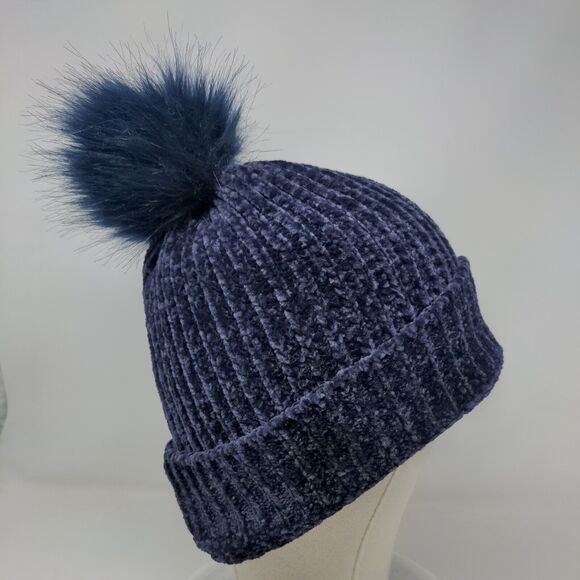 LOFT Beanie Hat Blue One Size Stretch Ribbed Knit Pom Pom Fleece Blank - Picture 4 of 9